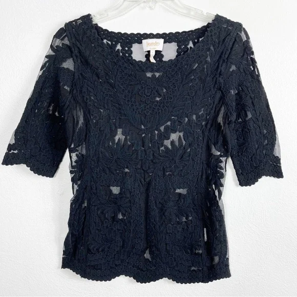 Laundry By Shelli Segal Black Mesh Lace Short Sleeve Top - Picture 4 of 10
